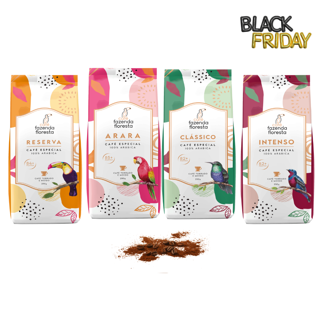 KIT cafés especiais moído — 4 pacotes 250g - 1 Clássico / 1 Reserva / 1 Arara / 1 Intenso | Café Fazenda Floresta