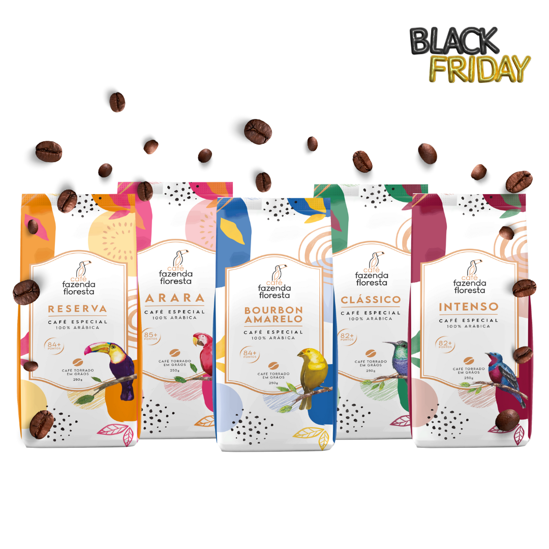 KIT cafés especiais em grãos — 5 pacotes 250g - 1 Clássico / 1 Reserva / 1 Arara / 1 Bourbon Amarelo / 1 Intenso | Café Fazenda Floresta