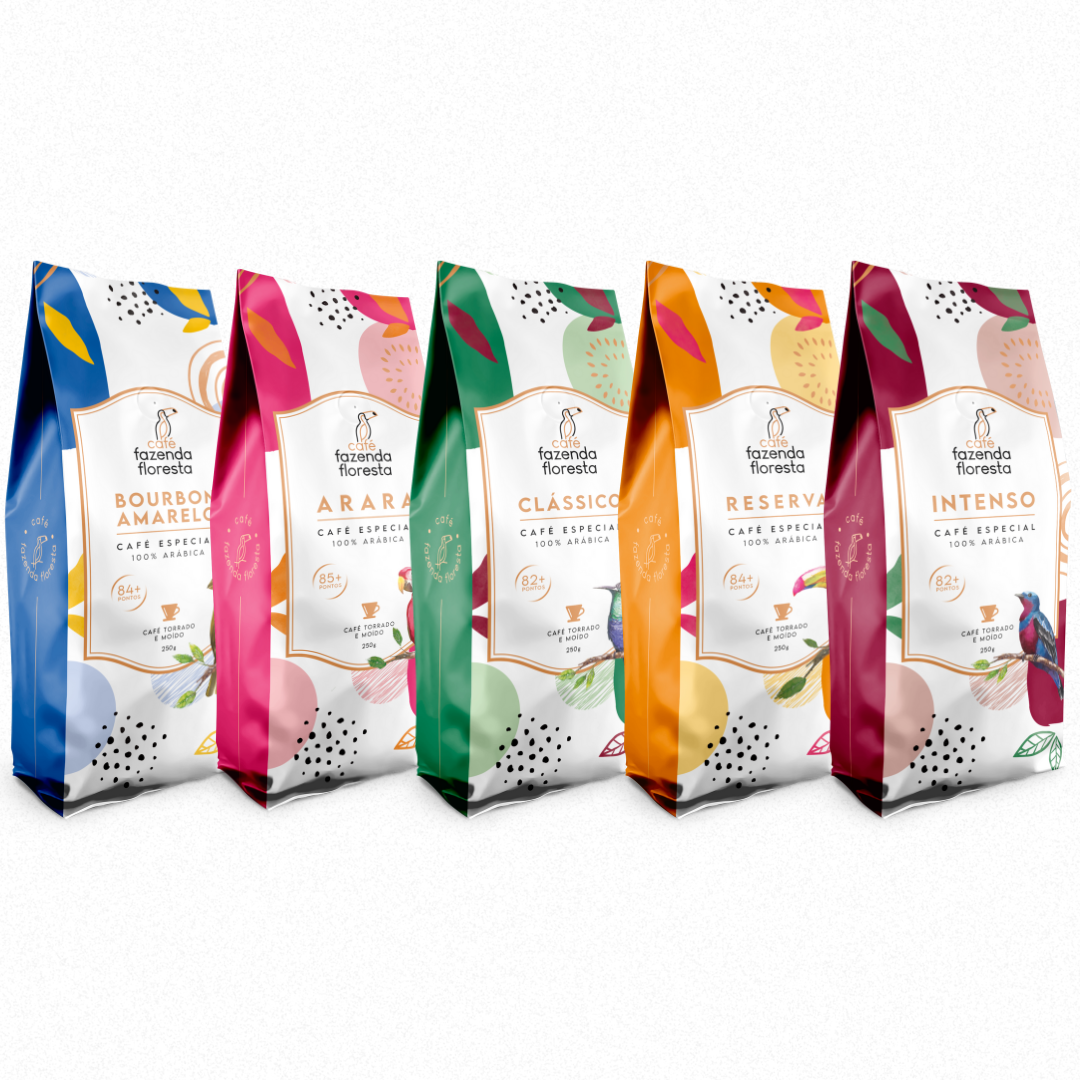 ASSINATURA KIT cafés especiais moído — 5 pacotes 250g - 1 Clássico / 1 Reserva / 1 Arara / 1 Bourbon Amarelo / 1 Intenso | Café Fazenda Floresta