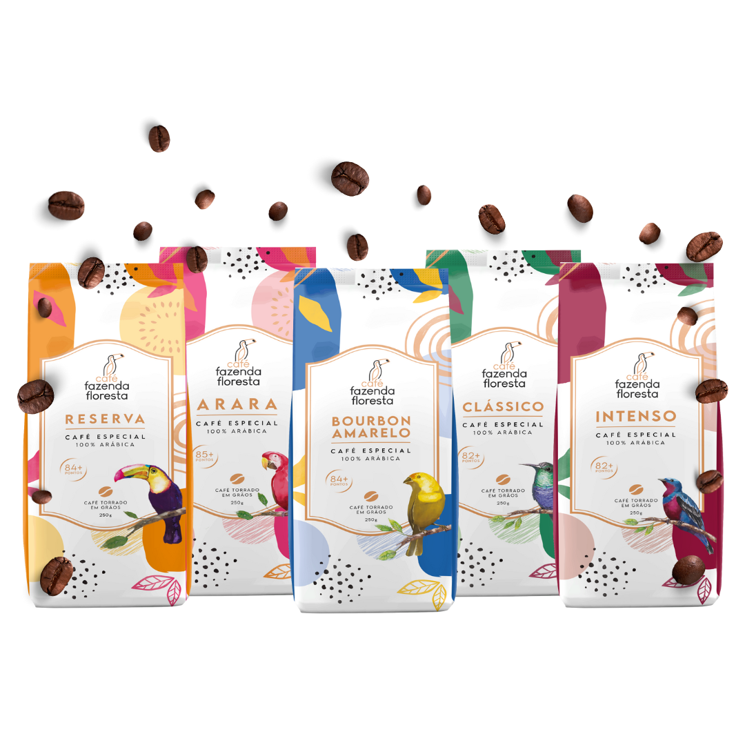ASSINATURA KIT cafés especiais em grãos — 5 pacotes 250g - 1 Clássico / 1 Reserva / 1 Arara / 1 Bourbon Amarelo / 1 Intenso | Café Fazenda Floresta