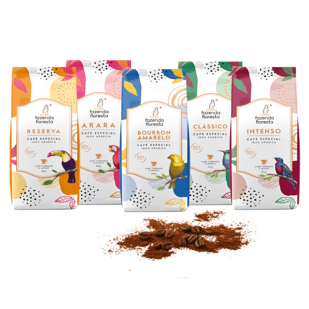 KIT cafés especiais moído — 5 pacotes 250g - 1 Clássico / 1 Reserva / 1 Arara / 1 Bourbon Amarelo / 1 Intenso | Café Fazenda Floresta