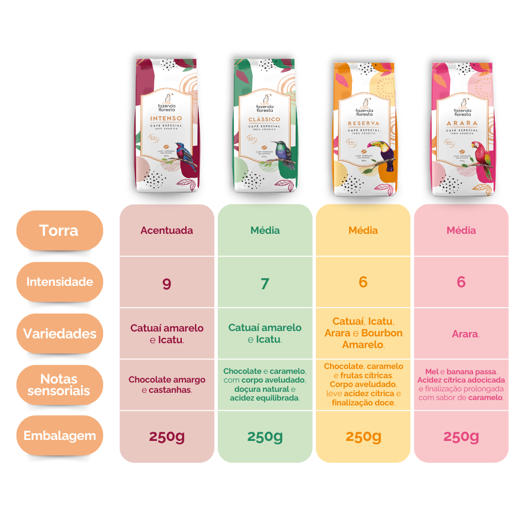 KIT cafés especiais em grãos — 4 pacotes 250g - 1 Clássico / 1 Reserva / 1 Arara / 1 Intenso | Café Fazenda Floresta