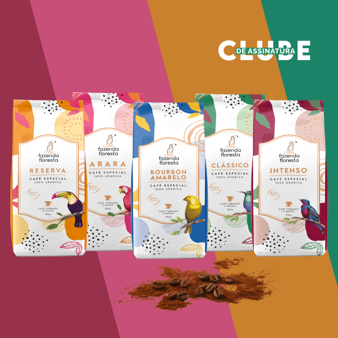 KIT cafés especiais moído — 5 pacotes 250g - 1 Clássico / 1 Reserva / 1 Arara / 1 Bourbon Amarelo / 1 Intenso | Café Fazenda Floresta