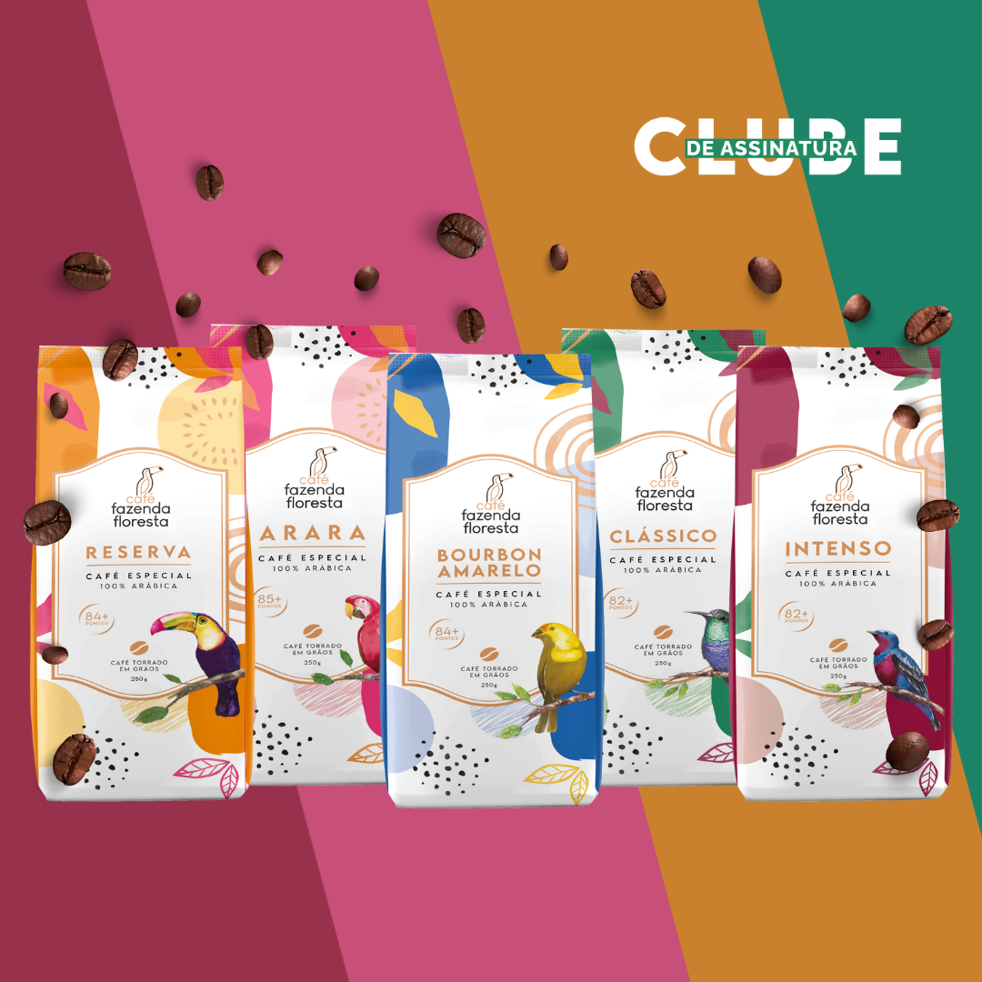 ASSINATURA KIT cafés especiais em grãos — 5 pacotes 250g - 1 Clássico / 1 Reserva / 1 Arara / 1 Bourbon Amarelo / 1 Intenso | Café Fazenda Floresta