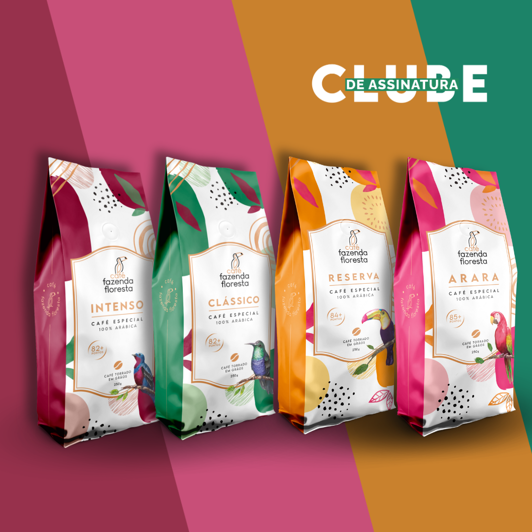 KIT cafés especiais em grãos — 4 pacotes 250g - 1 Clássico / 1 Reserva / 1 Arara / 1 Intenso | Café Fazenda Floresta