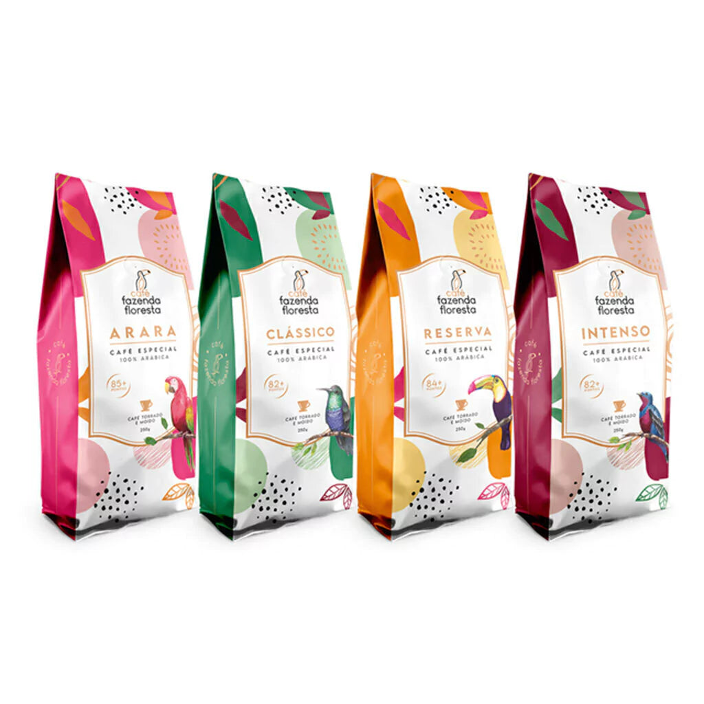 KIT cafés especiais moído — 4 pacotes 250g - 1 Clássico / 1 Reserva / 1 Arara / 1 Intenso | Café Fazenda Floresta