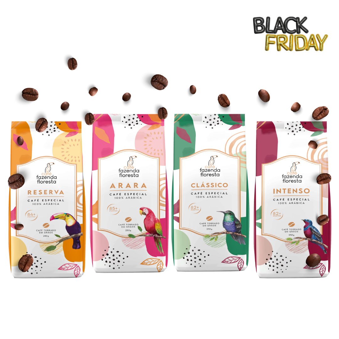 KIT cafés especiais em grãos — 4 pacotes 250g - 1 Clássico / 1 Reserva / 1 Arara / 1 Intenso | Café Fazenda Floresta