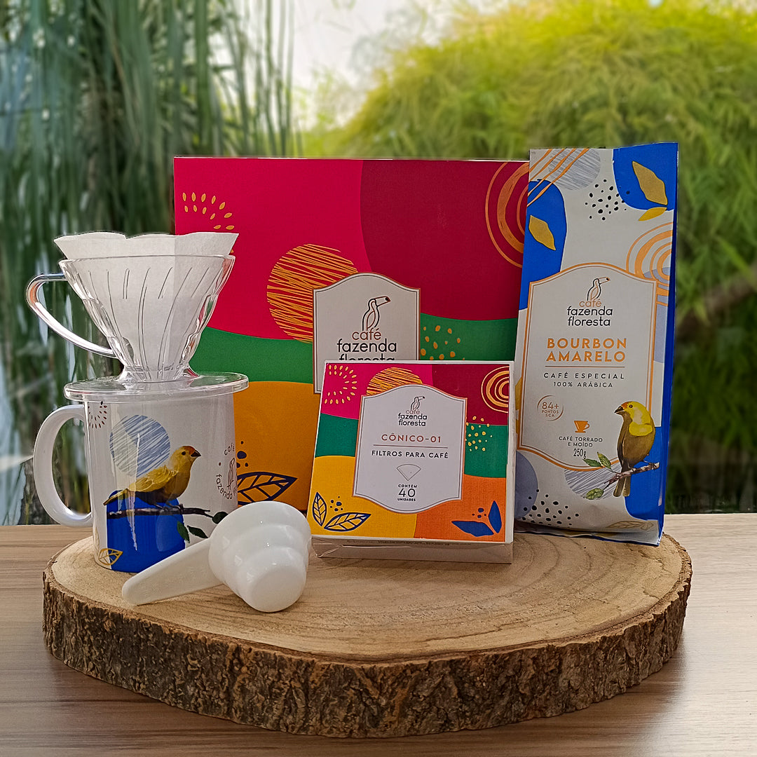 KIT Barista Bourbon Amarelo (Café Moído 250g/Caneca Canário/Filtro de papel/Porta filtro)